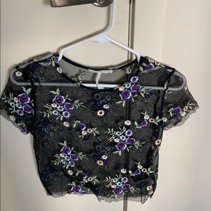 Flower Embroidered Black See Through Cropped Shirt